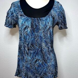 Y2k Blue Sparkly DressBarn Women’s Abstract Short Sleeve Blouse Flowy Top Size M